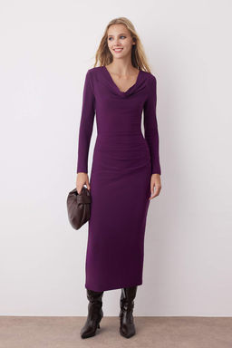 Murdum Duz Buzgulu Kay?k Yaka Astarl? Bodycone/Vucuda Oturan Maxi Orme Elbise TWOAW26EL00063