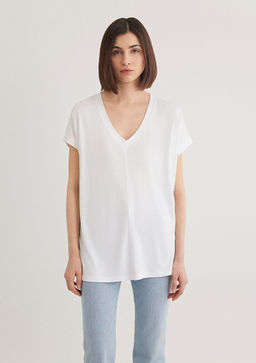 V Yaka Beyaz Basic ViskozTisort - Mavi фото 3