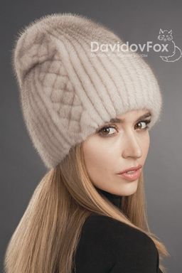 Шапка Бини норка орнамент светлый кизил