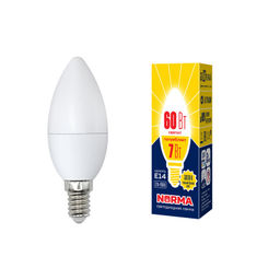 LED-C37-7W/WW/E14/FR/NR Лампа светодиодная. Форма "свеча", матовая. Серия Norma. Теплый белый свет (3000K). Картон. ТМ Volpe