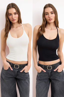 Siyah-Ekru Regular Boyundan Baglamal? Kolsuz Pamuk Ribana Orme Atlet TWOSS26AL00026