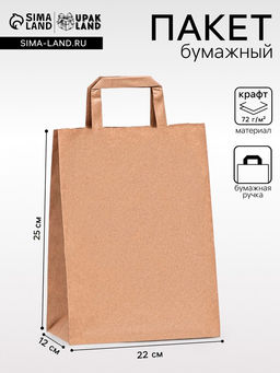 Цена за 25 шт. Пакет крафт без печати 22×12×25 см, плоская ручка