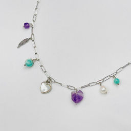 Колье на цепочке с Амазонитом, Аметистом, Жемчугом и Перламутром 38/45 см