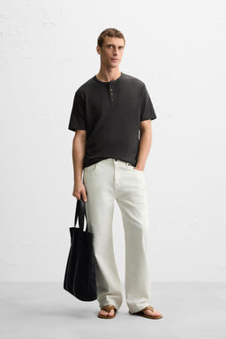 STRIPED BUTTON NECK T-SHIRT