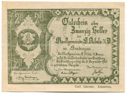 Банкнота 20 геллеров 1920 года Австрия  Санкт-Никола на Дунае (нотгельд)