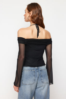 Siyah Flare Kollu Baglama Detayl? Orme Madonna Yaka Bluz TWOSS24BZ00046