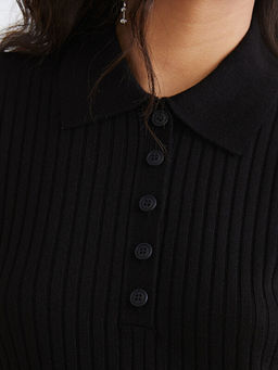 Polo Yaka Fitilli Triko Elbise