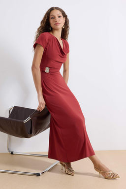 Kiremit A-Kesim/Can Form Degaje Yaka Aksesuar Detayl? Maxi Esnek Orme Elbise TWOSS26EL00106