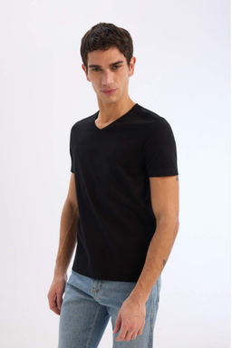 Slim Fit Dar Kesim V Yaka Basic Duz K?sa Kollu Tisort - Defacto фото 5