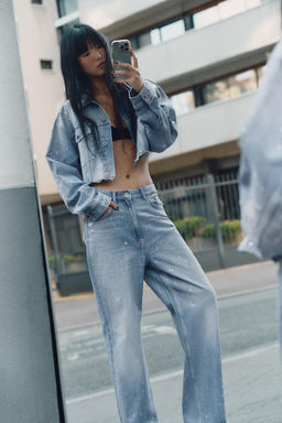 TRF STRAIGHT-LEG RHINESTONE HIGH-WAIST JEANS