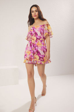 TRENDYOLMILLA Yesil Cicekli Genis Paca Sifon Astarl? Dokuma Tulum TWOSS25TU00048  фото 2