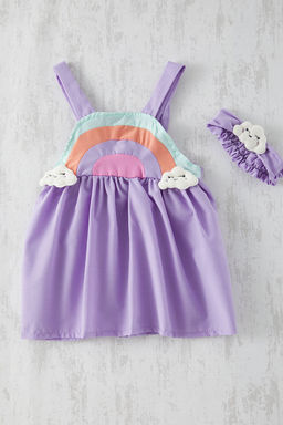 Lila K?z Bebek Pamuklu Gokkusag? Desenli Ask?l? Mini Bayraml?k Orme Elbise TKDSS25EL00077