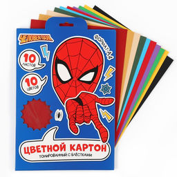 Цветной картон с блёстками, А4, 10 листов, 10 цветов, немелованный, двусторонний, в папке, 250 г/м², «Человек-паук»