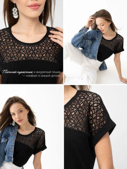 Футболка с кружевом хлопок 95%, лайкра 5% ,черная - Binita фото 16