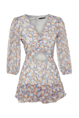 Cok Renkli Cicek Desenli Cut Out Detayl? Mini Astarl? Sifon Dokuma Tulum TWOSS23TU00113