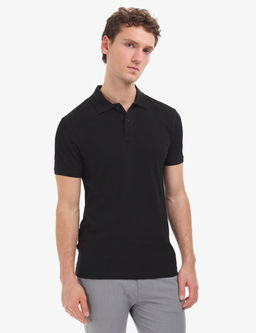Siyah Slim Fit %100 Pamuk D__meli Polo Yaka Basic Ti__rt