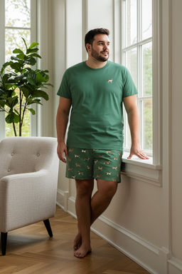 TRENDYOL MAN Yesil Regular Fit Bask?l? Orme Sortlu Buyuk Beden Pijama Tak?m? TMNSS24AI00000
