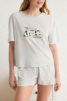 Trendyolmilla Ac?k Gri %100 Pamuklu Panda Bask?l? Sortlu Orme Pijama Tak?m? THMSS25PT00068