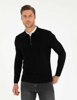 Siyah Regular Fit Fermuarl_ Polo Yaka Triko Kazak