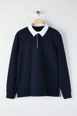 Lacivert Yeni Oversize/Genis Kesim Yakas? Dokuma Polo Yaka Sweatshirt TMNAW26SW00012