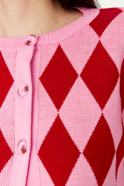 Pembe Crop Desenli/Jakarl? Ceket Gorunumlu Triko H?rka TWOAW23HI00176