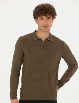 Koyu Haki Slim Fit Fermuarl_ Polo Yaka Triko Kazak
