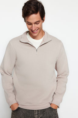 Gri Regular/Normal Kesim Dik Yaka Fermuarl? Pamuklu Basic Ici Polar Sweatshirt TMNAW24SW00041