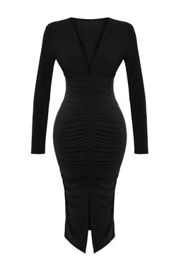 TRENDYOLMILLA Siyah Drapeli V Yaka Fitted/Vucuda Oturan Esnek Midi Orme Kalem Elbise TWOAW24EL00197