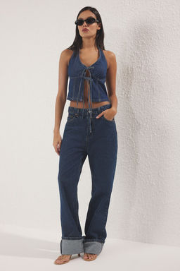 Trendyolmilla Koyu Mavi Baglama Detayl? Halter Yaka Denim Bluz TWOSS25BZ00431