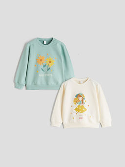 Bisiklet Yaka Bask?l? K?z ?ocuk Sweatshirt 2li