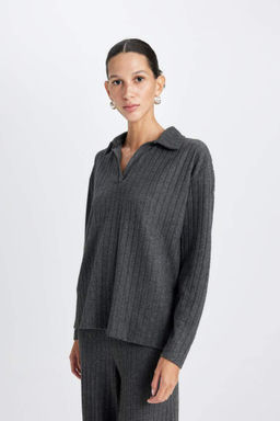 Женская антрацитовая повседневная футболка с воротником поло в рубчик и длинными рукавами - Defacto фото 4