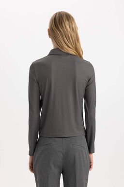 Облегающая футболка с воротником-поло в рубчик и длинными рукавами - Defacto фото 6