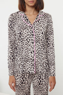 Cok Renkli Leopar Desenli Kurdele/Fiyonklu Biyeli Orme Pijama Tak?m? THMAW25PT00107