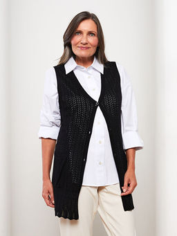 V Yaka Kendinden Desenli Kad?n Triko Yelek