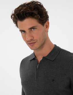 Antrasit Melanj Slim Fit Polo Yaka Fermuarl_ Basic Triko Kazak - Pierre cardin фото 2