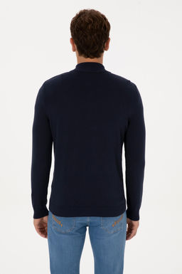 Erkek Slim Fit Yar_m Fermuarl_ Lacivert Basic Kazak