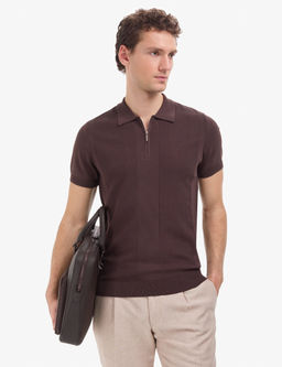 Koyu Kahverengi Slim Fit Polo Yaka Fermuarl_ Triko Ti__rt