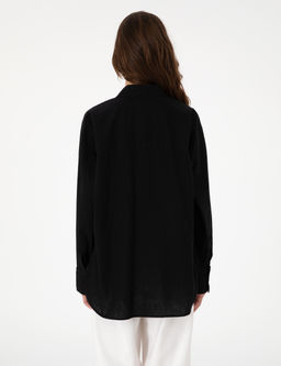 Siyah Oversize Keten Kar___ml_ Uzun Kollu G_mlek