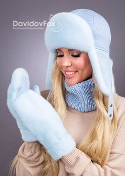 Комплект ушанка норка трикотаж голубая, манишка, варежки замша