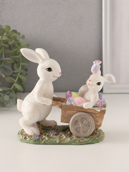 Фигурка полистоун Кролик везет крольчонка в тележке с незабудками, 13.5?6.5?12 см