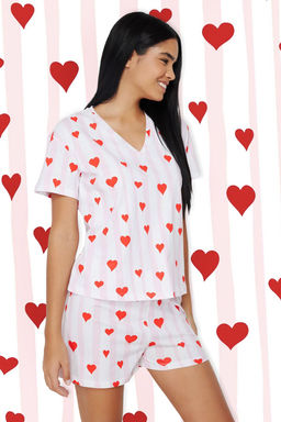 Trendyolmilla Pudra-Cok Renkli %100 Pamuklu Cizgili ve Kalpli Sortlu Orme Pijama Tak?m? THMSS24PT00073