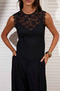 Siyah Bisiklet Yaka Dantel Detayl? Fitted Triko Ince Bluz TWOSS26BZ00298 - Trendyolmilla фото 3