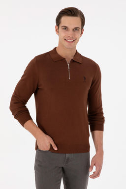Erkek Slim Fit Yarm Fermuarl Kahverengi Basic Kazak