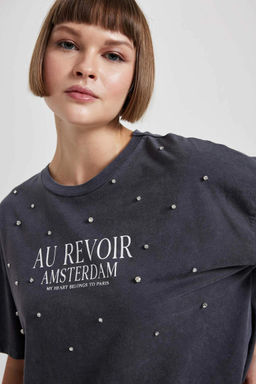 Футболка оверсайз с круглым вырезом и принтом из чесаного хлопка с короткими рукавами - Defacto фото 5