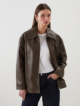 Oversize Kad?n Deri G?r?n?ml? Ceket
