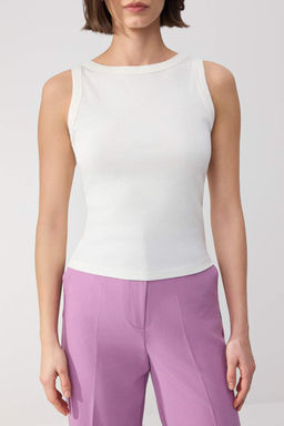 Wardrobe Essentials-Ekru Fitted/Vucuda Oturan Kolsuz Pamuk Ribana Orme Atlet TWOSS26AL00043