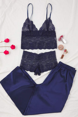 Lacivert 3lu Ceyiz Set Ust Dantel, Alt Saten Ask?l? Kulotlu Dokuma Pijama Tak?m? THMAW26PT00077