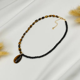 Колье из Тигрового глаза и золотистого Обсидиана 42 см +