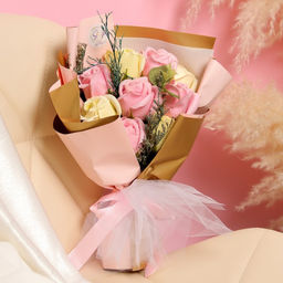 Букет из мыльных роз, розово-желтый, 9 шт.