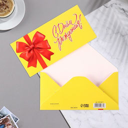 Цена за 10 шт. Конверт для денег С Днём Рождения! красный бант, 16,5х8 см